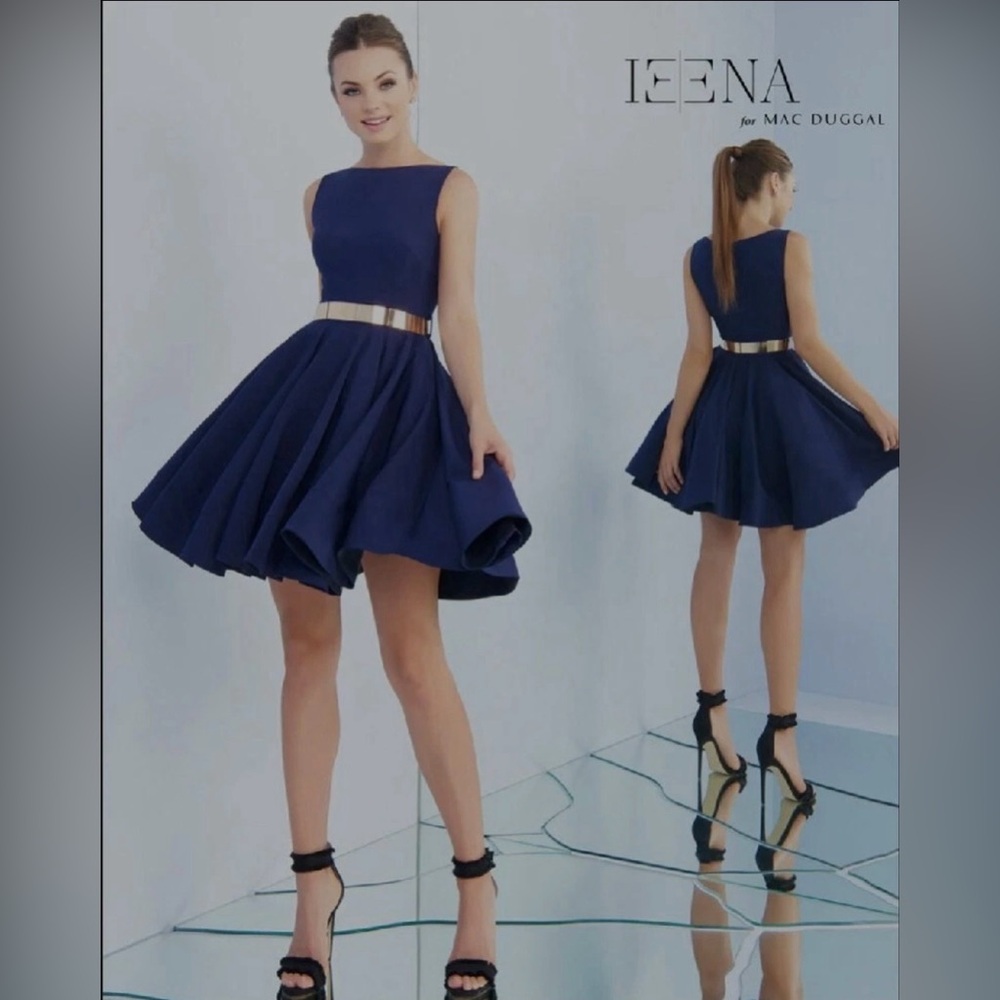 IEENA FOR MAC DUGGAL 256701 GOLD BELTED FIT & FLARE BLUE COCKTAIL WOMEN DRESS 4